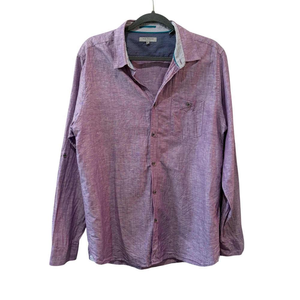 Ted Baker Button Down Shirt Mens 5 XL Purple Linen Cotton Roll Tab Sleeve